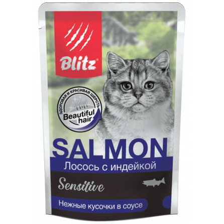 Blitz Sensitive «Лосось с индейкой» нежные кусочки в соусе влажный корм для взрослых кошек (85г)