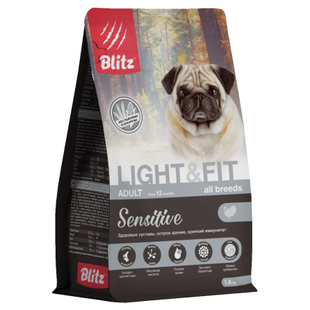 Blitz Sensitive Light сухой корм для взрослых собак с лишним весом. Здоровые суставы,острое зрение и крепкий иммунитет 