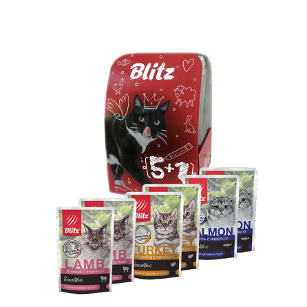 Blitz Sensitive Ассорти 5+1 набор влажных кормов для взрослых кошек