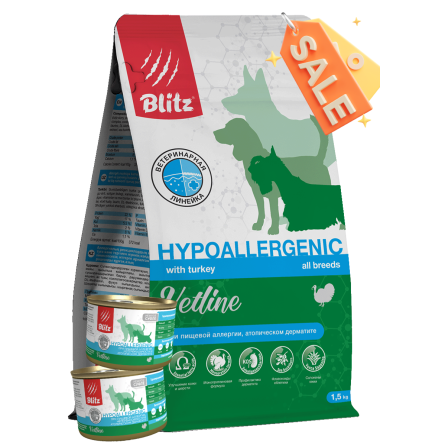 Blitz Vetline Hypoallergenic сухой полнорационный диетический корм для собак при аллергии и атопическом дерматите Blitz Vetline Hypoallergenic сухой полнорационный диетический корм для собак при аллергии и атопическом дерматите