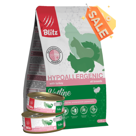 Blitz Vetline Hypoallergenic сухой полнорационный диетический корм для кошек при аллергии и атопическом дерматите +200гр влажного корма в подарок