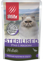 Blitz Holistic «Утка с лососем» нежные кусочки в соусе – влажный корм для стерилизованных кошек (85г)