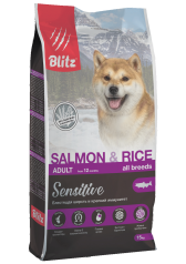 Blitz Sensitive Salmon & Rice сухой корм для взрослых собак всех пород 15кг