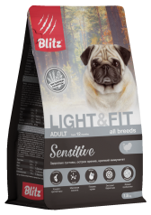 Blitz Sensitive Light сухой корм для взрослых собак с лишним весом. Здоровые суставы,острое зрение и крепкий иммунитет 