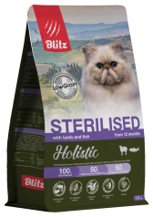 Blitz Holistic ЯГНЁНОК и РЫБА — низкозерновой сухой корм для стерилизованных кошек